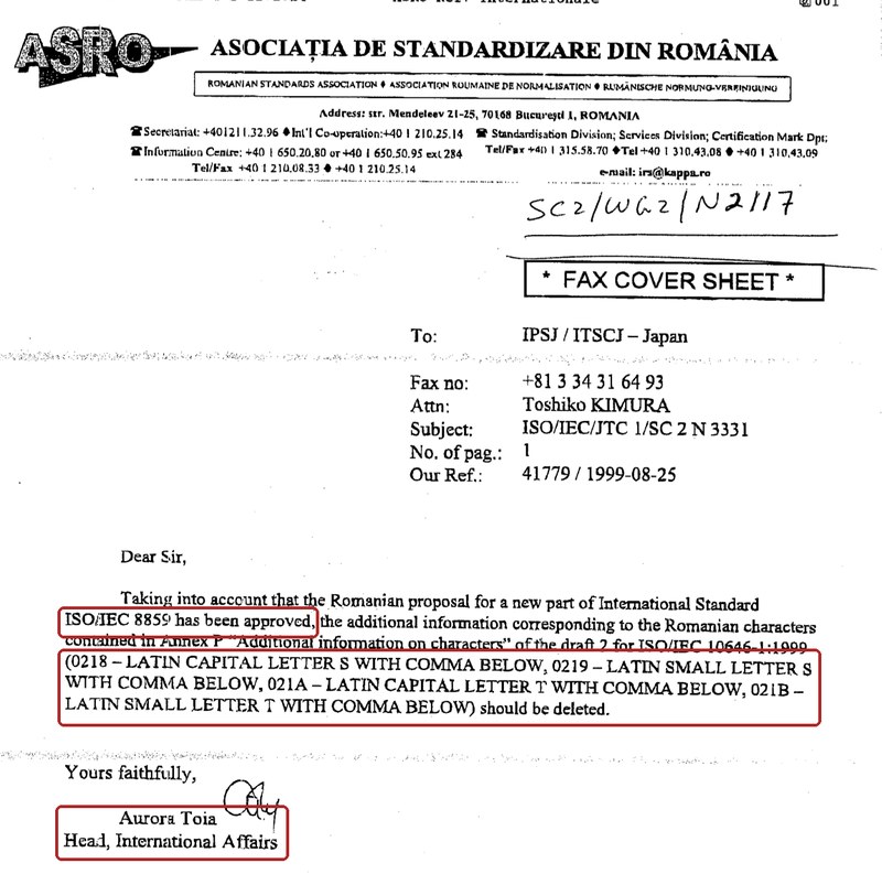 Faxul ASRO din 25 august 1999, semnat Aurora Toia