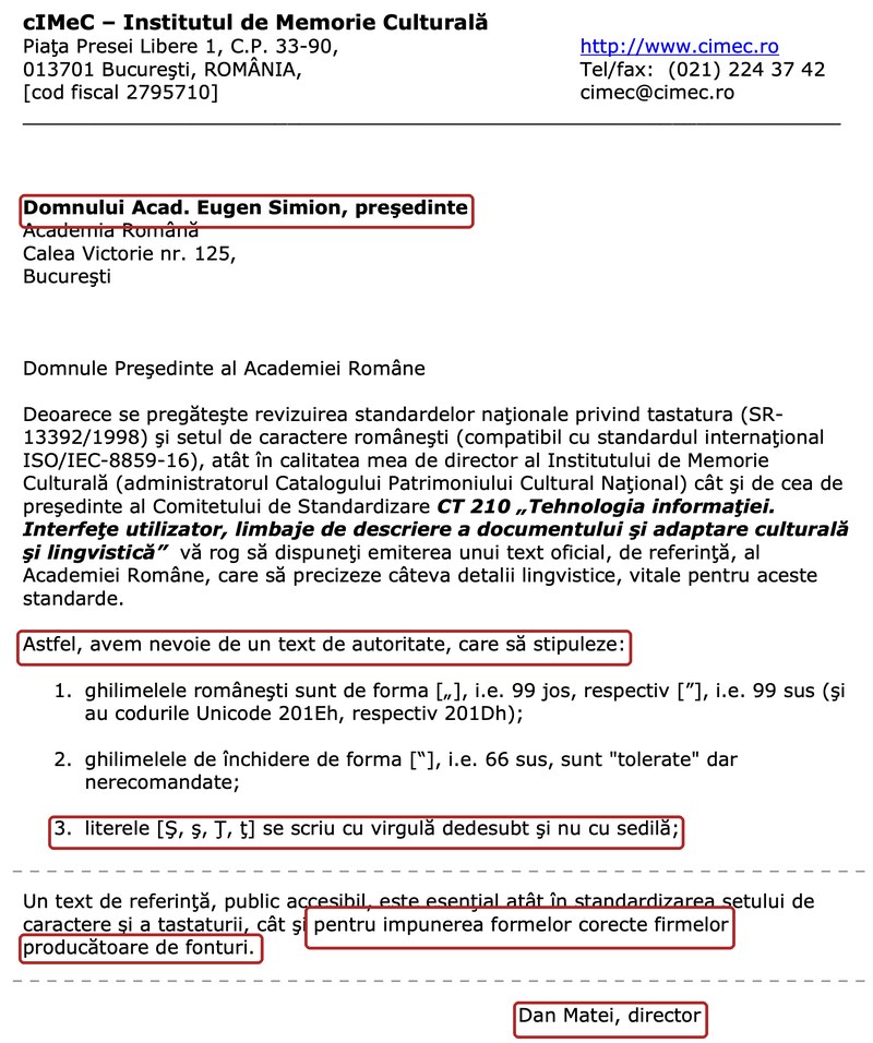 Scrisoarea cIMeC către președintele Academiei Române, 2003: literele se scriu cu virgulă dedesubt și nu cu sedilă