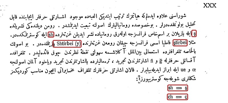Elifbâ Raporu, 1928, p. XXX: ş scris sh, ştirbei / Shtirbei (y), sh = ş, ch = ç