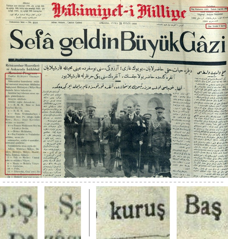 Hâkimiyet-i Milliye, 21 septembrie 1928, prima pagină, cu coloane în litere latine; jos, ş mărit