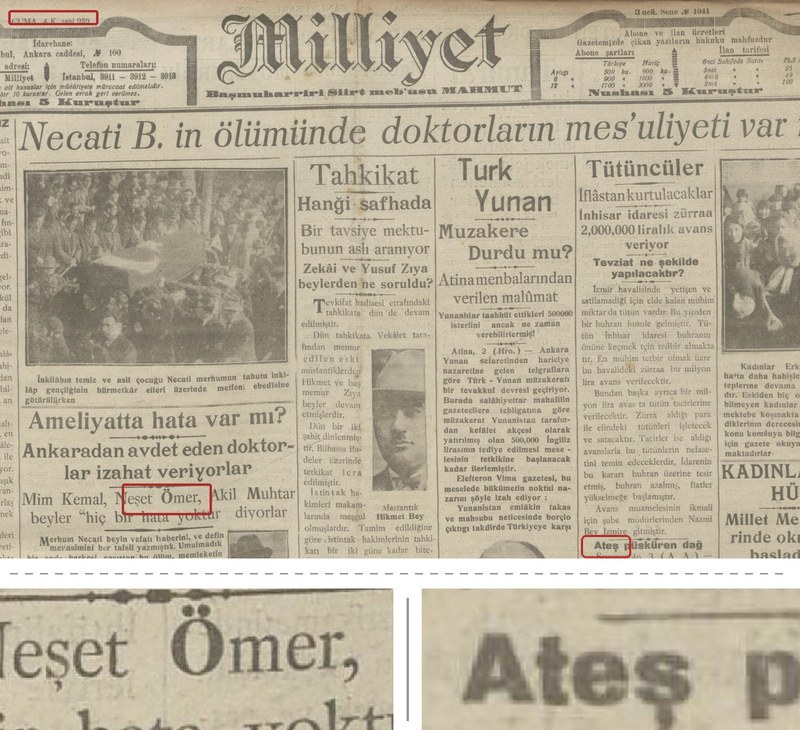 Milliyet, 4 ianuarie 1929, prima pagină; jos, Neşet Ömer și Ateş mărite