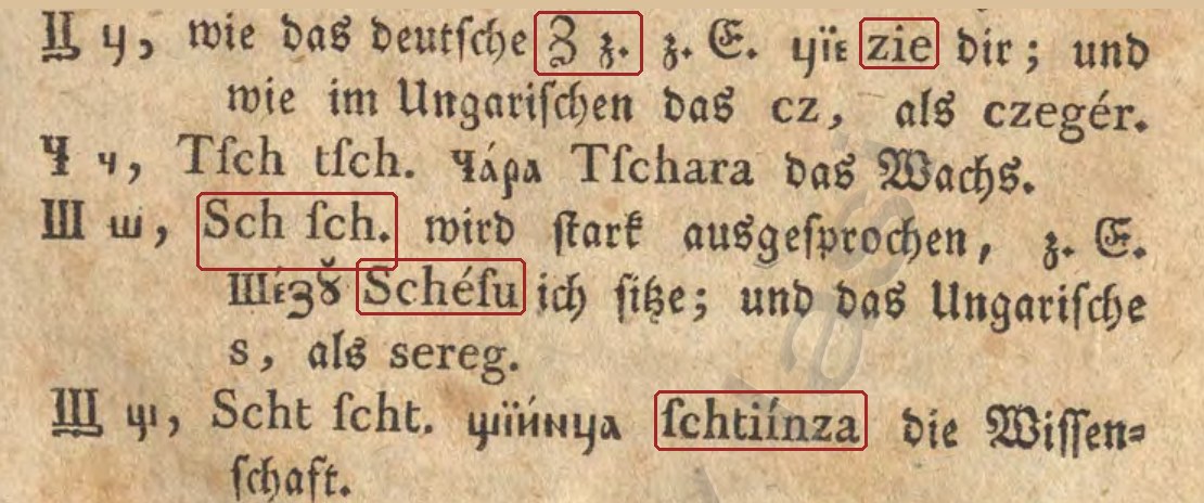 Molnar 1788, p. 3: Ц ca Z-ul german, zie; Ш ca Sch, Schésu; Щ ca Scht, schtiínza