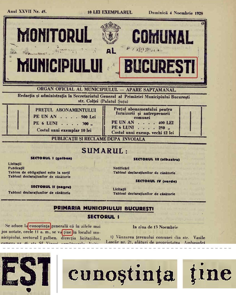 Monitorul Comunal al Municipiului București, 4 noiembrie 1928, prima pagină; jos, Ș din antet și ş, ţ din text, mărite