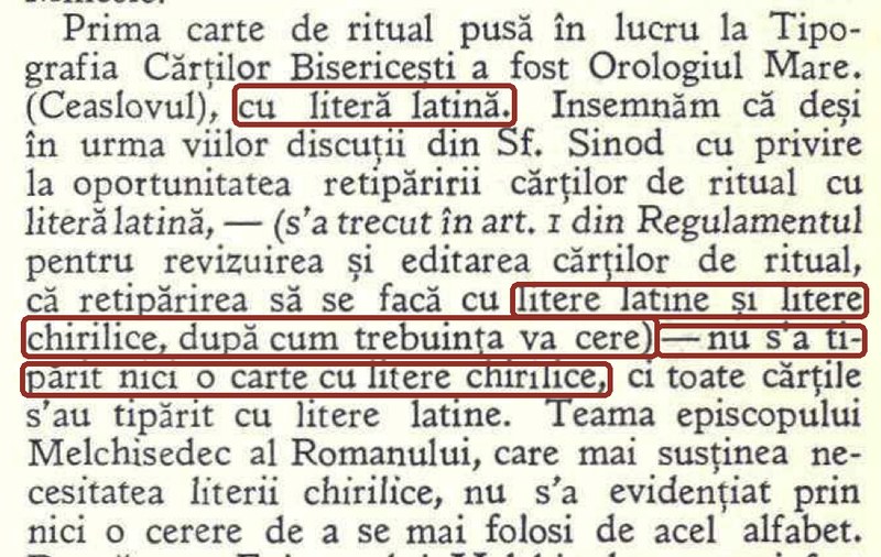 Păcescu 1933, p. 664: Orologiul Mare cu literă latină; art. 1, litere latine și litere chirilice; nicio carte cu litere chirilice