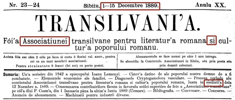 Transilvani'a, nr. 23-24, decembrie 1889, prima pagină: Associatiunei, si și siedinti'a încadrate